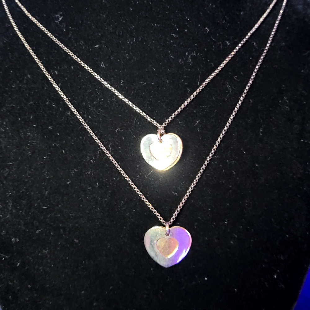 Dyadema Italy Black 925 Double  Heart Pendant And Chain Necklace 16"